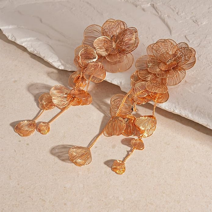 Chunky Flower Earrings 14K Gold Plated Geometry Petal Earrings Vintage Hollowing Out Layered Dangle Earring Fashion Exaggeration Jewelry for Women
