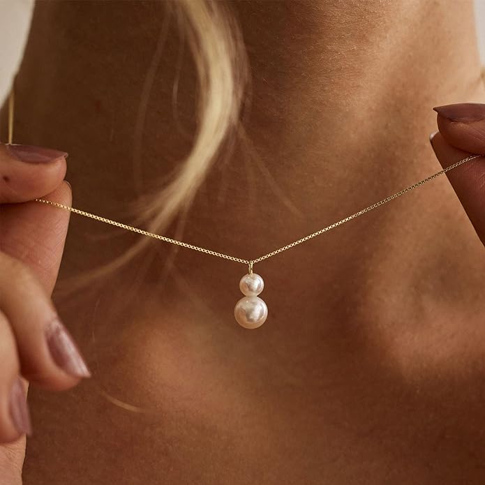 Valentines Day Gifts for Her - 14K Gold Plated Pearl Necklaces for Women Trendy Dainty Necklace Simple Layered Pearl Necklaces for Women Trendy Wedding Birthday Valentines Jewelry