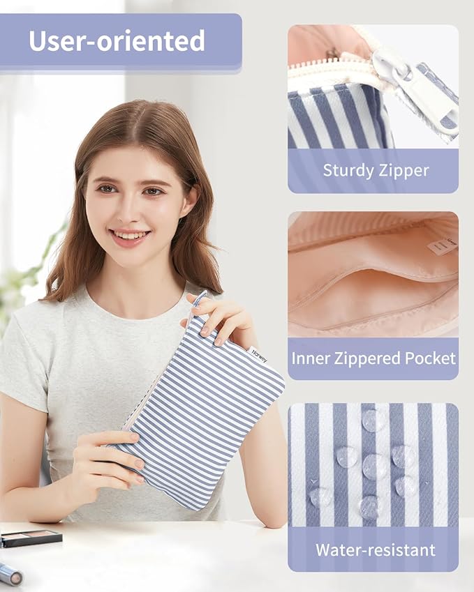 Narwey Small Striped Makeup Bag for Purse Travel Makeup Pouch Cosmetic Bag Zipper Pouch Bags for Women (Greyish Blue Stripe)