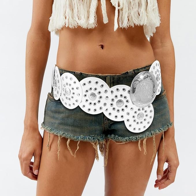 Hollow Wide Disc Belt for Women Concho Leather Metal Buckle Boho Belt Cowgirl Vintage Western Chunky Waist Belts