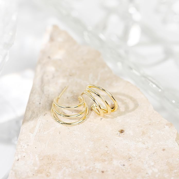 PAVOI 14K Gold Plated Multi Huggie Hoop Earrings for Women - 925 Sterling Silver Posts Triple Split Hoop Gold Earrings for Women - Trendy Fashion Jewelry