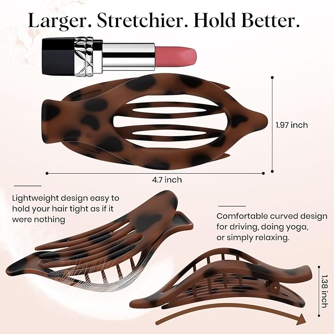 2 PCS Large Flat Hair Clips for Women, French Concord Lay Down Claw Clips for Thick Thin Hair, Comfortable Curved Side Clips, Matte Non-slip Strong Hold Hair Accessories, Tortoise & Black