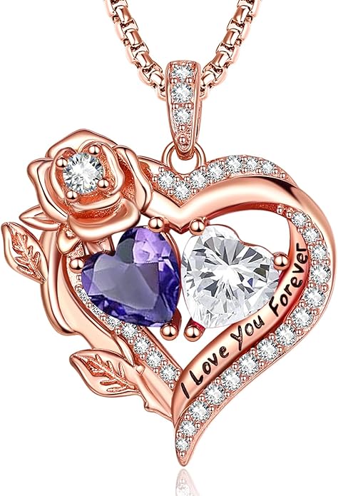 Rose Heart Necklaces for Women, Rose Gold Forever Love Jewelry with 2 Birthstones Pendant, Christmas Anniversarry Birthday Gifts for Her Wife Mom Grandma, 18+2 Inch Chain