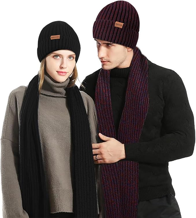3PCS Winter Beanie Hat Scarf Touchscreen Gloves Set for Men and Women, Knitted Fleece Lined Hats Thermal Gloves Long Scarf