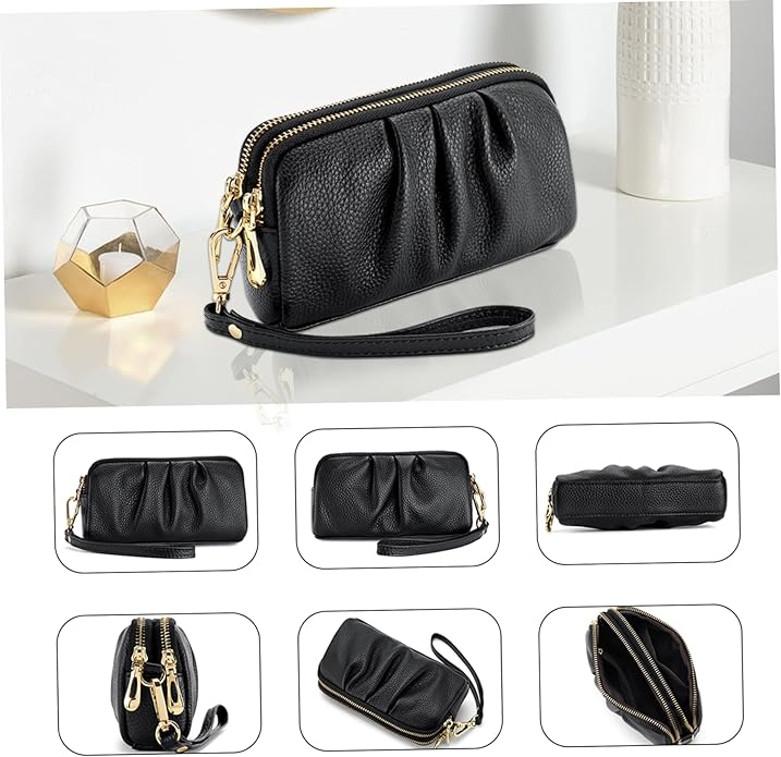 Wristlet Wristlet Wallets for Women, Wallet Stylish Black Ruched 7x2.4x3.9 Cell Phone Purse with Detachable Wrist Strap