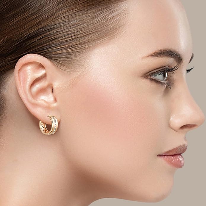 14K Gold Plated Cubic Zirconia Hoop Earrings,Three Row Diamon | Arrows | Double Row of Diamonds Huggie Earrings for Women