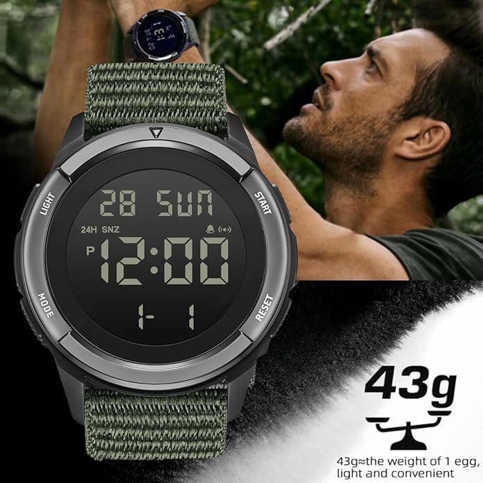 Digital Watch Military Watches for Men Black Tactical Sports Waterproof Men's Women's Wrist Watch with LED Backlight Nylon Band Stopwatch,Green