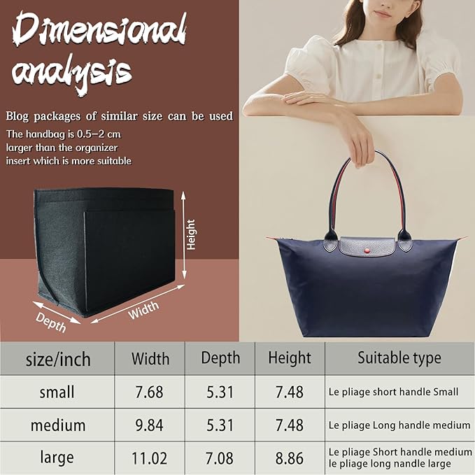 Felt Organizer Insert for Longchamp Le Pliage Handbag Women Purse organizer 1012-25black-M
