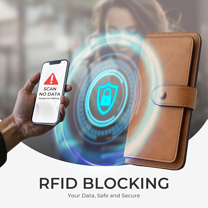 RFID Blocking Leather Wallet for Women, Slim Trifold with 14 Card Slots and Zipper Pocket (Brown)