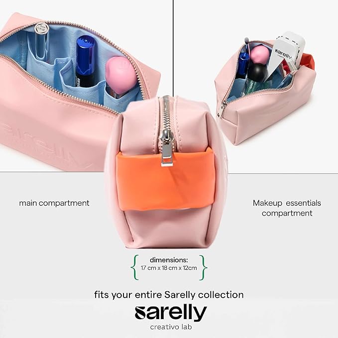 SARELLY, Mini Makeup Bag, Pink Vegan Leather with Compartments, Leak-proof, Sarelly Creativo Lab
