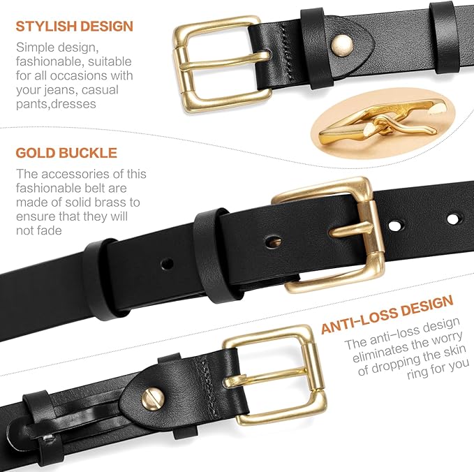 Womens Belts for Jeans 1.1" Width Ladies Belts for Dresses Full Grain Leather Gold Buckle Belt Gift Box