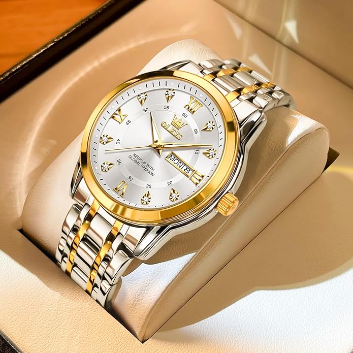 OLEVS Men's Stainless Steel Watch, Large Face Roman Numerals Diamond Accented Three-Hand Analog Quartz Watches for Men, Easy to Read Day Date Waterproof Luminous Mens Wristwatch