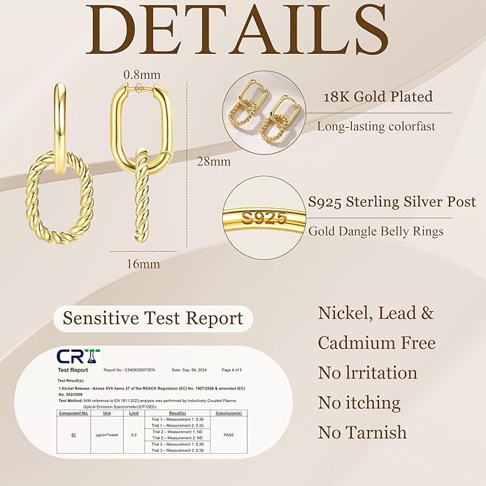 18K Gold Plated Two Tone Gold Silver Hoop Earrings for Women Hypoallergenic - 925 Sterling Silver Drop Dangle Paperclip Huggie Hoop Earrings - Chain Link Dangle Earrings Jewelry