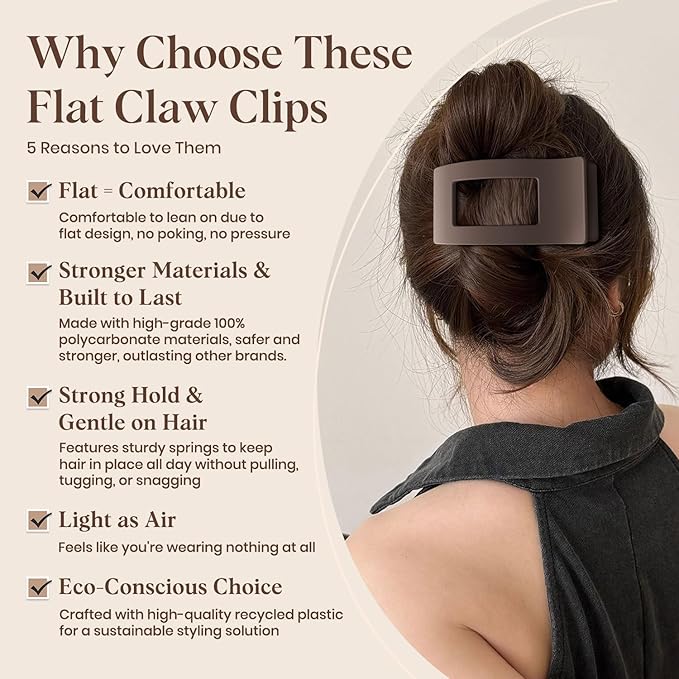 Oeusnae 4 PCS Flat Hair Clips for Women Girls, French Concord Lay Down Claw Clips for Thick Thin Hair, Comfortable Curved Large Flat Clips, Matte Non-slip Strong Hold Hair Accessories, Brown
