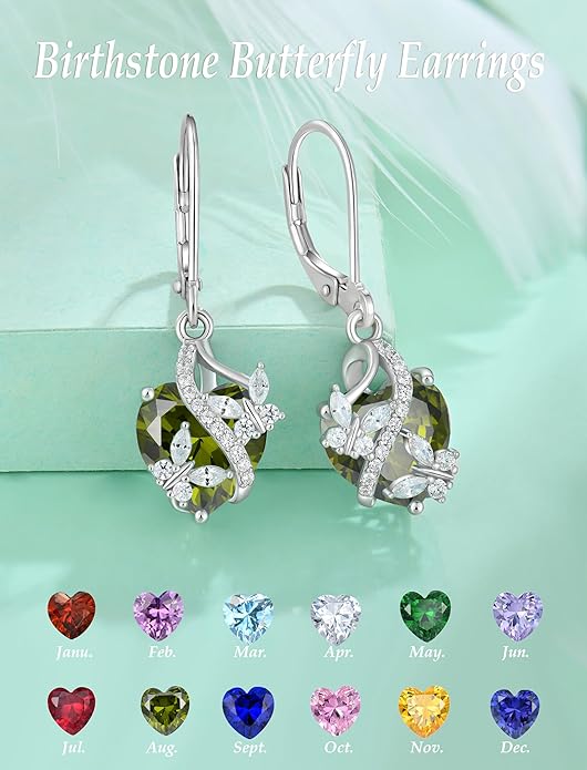 Butterfly Earrings for Women 925 Sterling Silver Heart Earring Birthstone Jewelry