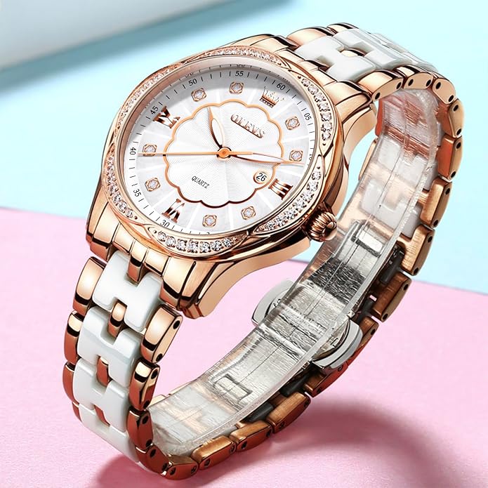 OLEVS Womens Ceramic Watch Luxury Shinning Diamond Rose Gold Watch for Women Analog Quartz Ladies Dress Watches Casual Waterproof Wrist Watches for Woman with Day Date Reloj para Mujer