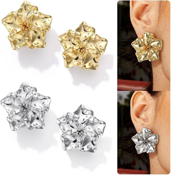 KRFY Statement Earrings 2 Pairs, S925 Sterling Silver Post 16K Plated Chunky Gold Earrings For Women Trendy, Hypoallergenic Big Flower Leaf Stud Earring Set, Silver Color Large Dangle Earrings Jewelry