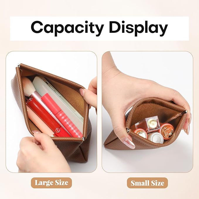 Sightor Leather Pocket Cosmetic Bag for Purse, 2 Pack Small Makeup Bag for Women Coin Purse Lipstick Cosmetic Accessories Organizer Travel Cosmetic Pouch (Brown)