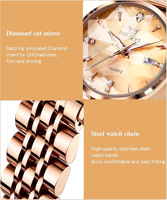 OLEVS Women Watches Simple Dress Ladies Watch Rose Gold Stainless Steel Watch Waterproof Quartz Date Luxury Diamond Small Wristwatch Fashion Analog Female Reloj Mujer Blue White Green Red Yellow Face