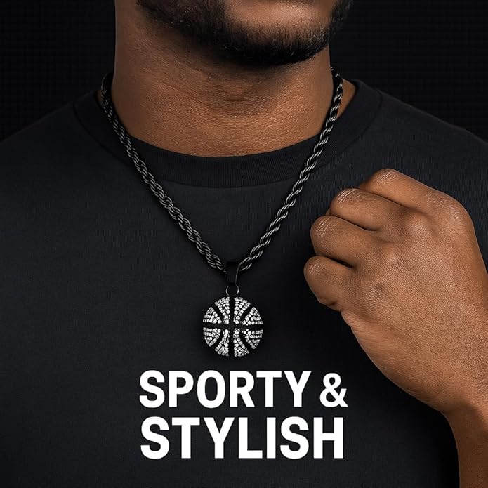 Basketball Necklace - 18K Plated Basketball Chain with Hoop for Men, Women, Teens - Gold, Silver & Black Color Options - Stainless Steel Sports Pendant with Simulated Diamond CZ Stones