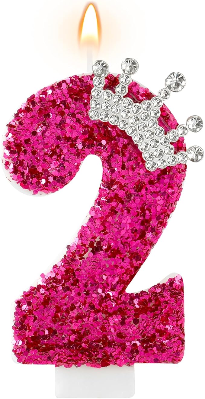 Hot Pink Birthday Candles Crown Number 2 Candle Birthday Party Decorations Cake Topper Cupcake Decor for Anniversary Celebrations Supplies