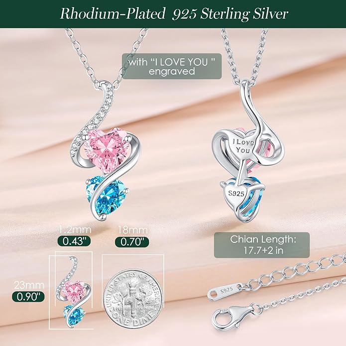 LOUISA SECRET Unique Double Heart Necklace Gifts for Wife Women, 925 Sterling Silver Tiny Birthstone Pendant Jewelry Gift for Her Girlfriend Mom Valentine's Day Anniversary Mother's Day Birthdays & Christmas