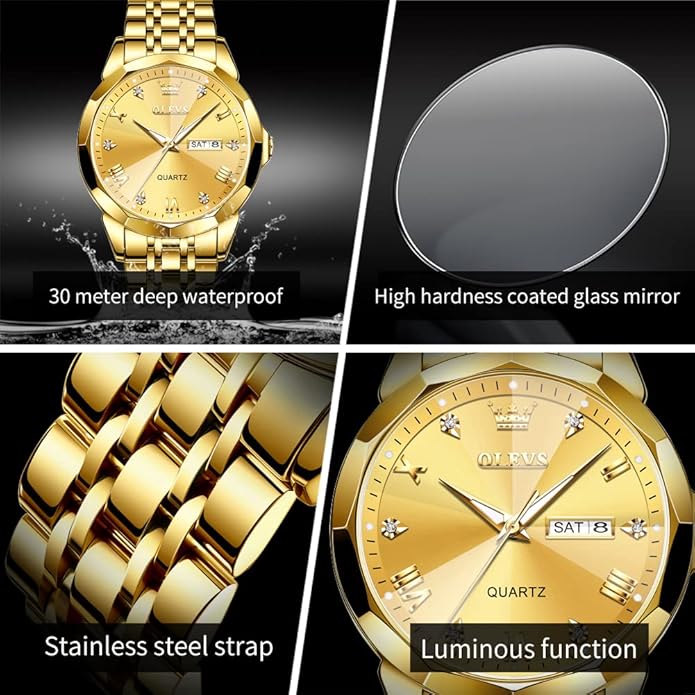 OLEVS Mens Watch Stainless Steel Analog Quartz Watches for Men Day Date Easy Read Diamond Waterproof Dress Luxury Classic Casual Big Face Blue/Black/Gold/Silver Roman Arabic Numerals Men's Wrist Watch