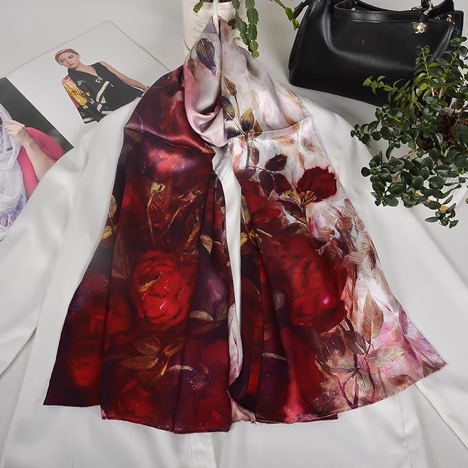 100% Mulberry Silk Scarf for Women Neck Oblong Headscarves Long Floral Print Lightweight Silk Wraps Shawls 67"*20"