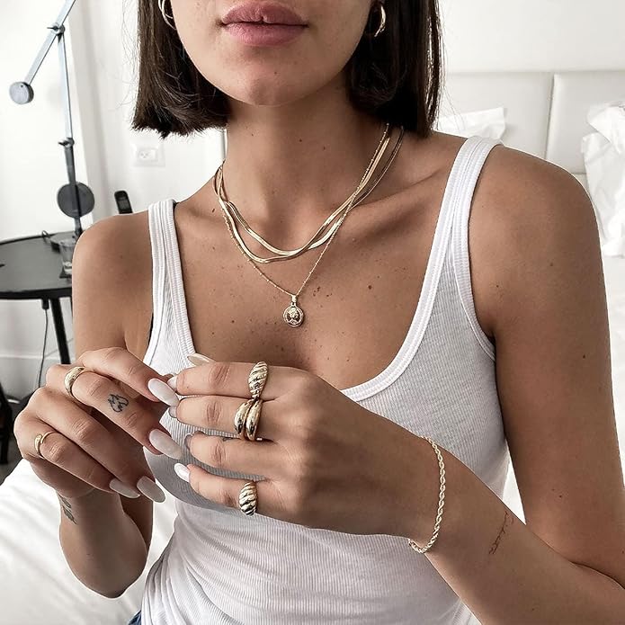 NECOCY 14K Gold Plated Necklaces for Women, Dainty Gold Herringbone Choker Necklace Thin Layered Snake Chain Jewelry for Gifts