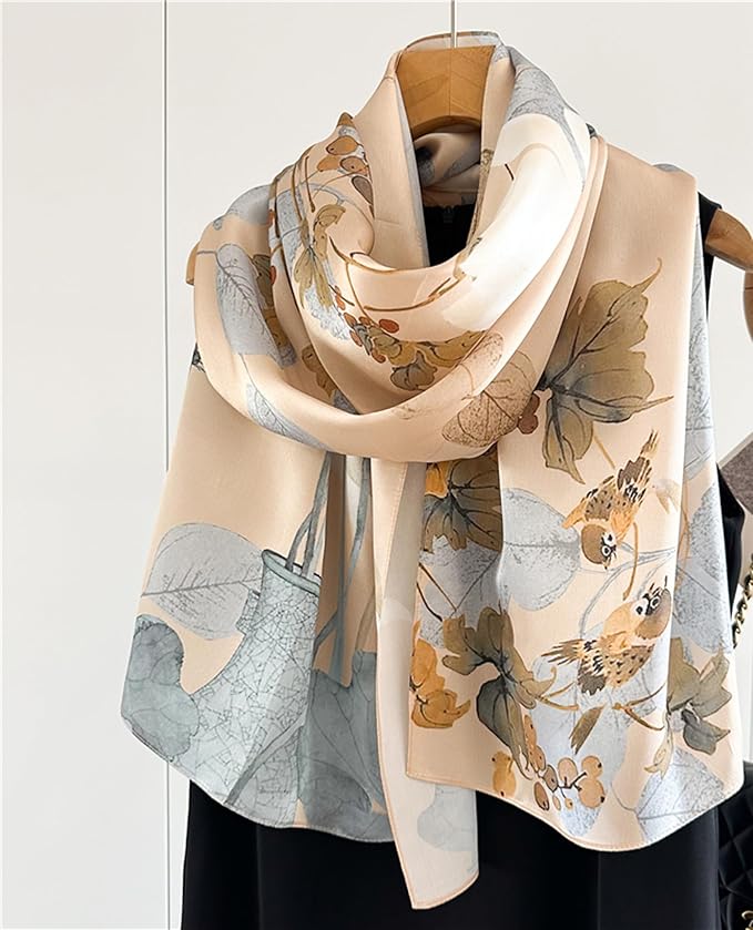 100% Mulberry Silk Scarfs for Women Floral Print Satin Long Scarf for Headscarf Hair Wraps Shawl with Gift Packed