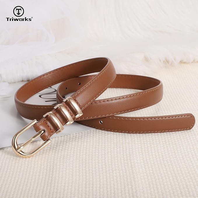 2 Pack Women Skinny Leather Belts for Jeans Pants Thin Faux Leather Belt with Gold Buckle