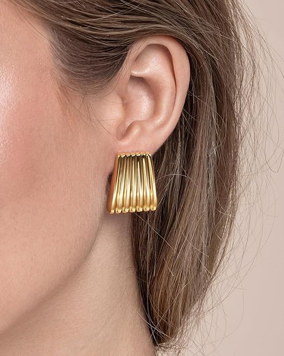 18K gold plated Chunky Statement Earrings for Women by SNGIA, Small Handmade Trendy Stud Ribbed Jewelry Gifts, Rectangle Huggies Fashion Button Accessories, Vintage Thick Square Nickle Free Huggie Earring.