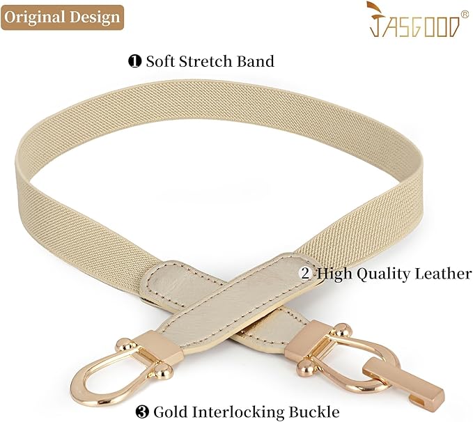 JASGOOD Women Skinny Elastic Belt for Dresses,Thin Retro Stretch Waist Belt with Golden Buckle