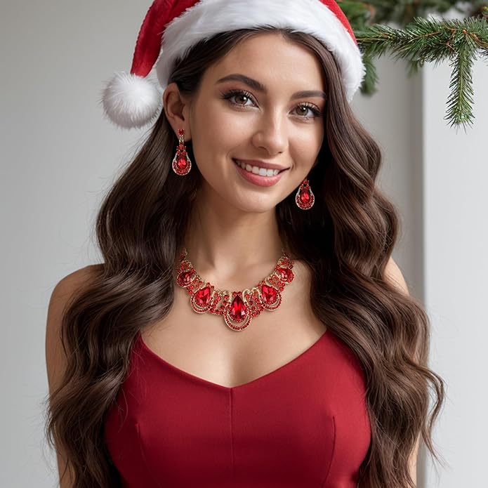 BriLove Women's Costume Fashion Crystal Teardrop Hollow Scroll Statement Necklace Dangle Earrings Set