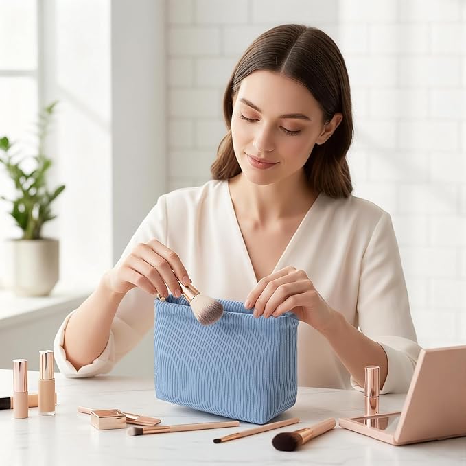 Sanwuta 3 Pack Corduroy Makeup Bag Set Cosmetic Toiletry Travel Pouch Organizer Velvet Makeup Bag for Women Large Pouch Zipper Purse Make up Organizer, Women Girls Gift(Misty Blue)