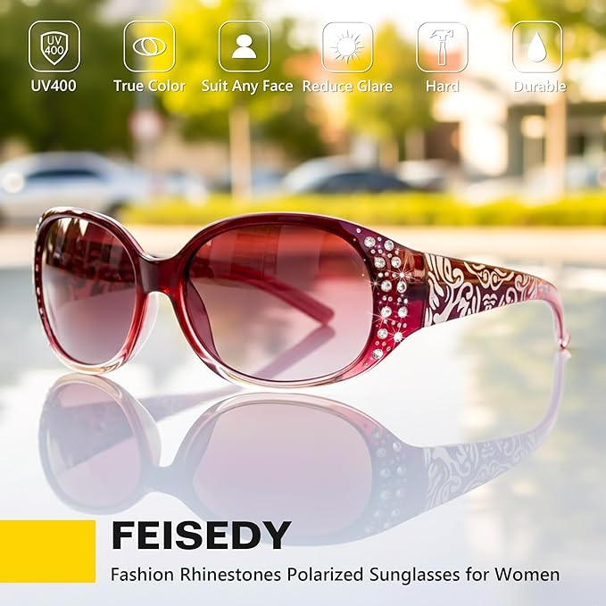 FEISEDY Women's Polarized Sunglasses Wrap Around Rhinestone Design Fashion Sunnies UV400 Protection B1091