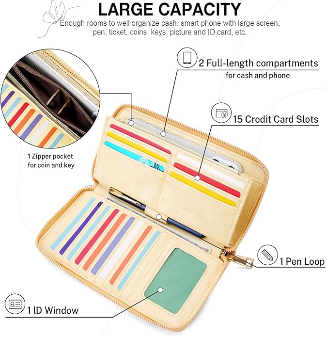 RFID Wallet Women, Large Capacity Butterfly Cell Phone Clutch Purses Ladies Wristlet Wallets for Women