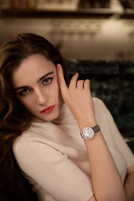 GOLDEN MAPLE Dainty Watches for Women, Mother-of-Pearl Dial and Swiss Quartz Movement, Ladies Watch with Leather Strap