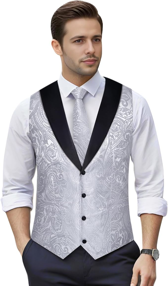 DiBanGu Mens Paisley Suit Vest Silk Jacquard Waistcoat and Necktie Set Formal Shawl Collar Dress Vest 7PCS for Wedding Party
