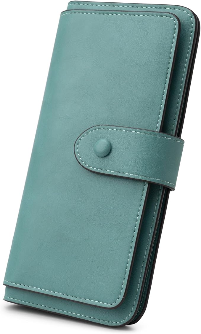 RFID Blocking Leather Wallet for Women, Slim Trifold with 14 Card Slots and Zipper Pocket (Purist Blue)