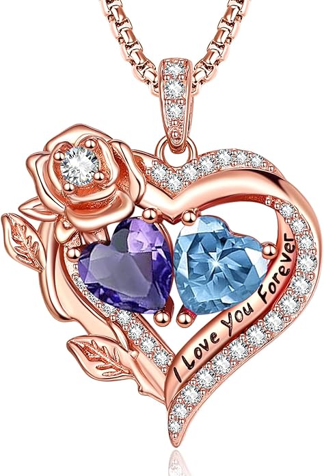 Rose Heart Necklaces for Women, Rose Gold Forever Love Jewelry with 2 Birthstones Pendant, Christmas Anniversarry Birthday Gifts for Her Wife Mom Grandma, 18+2 Inch Chain