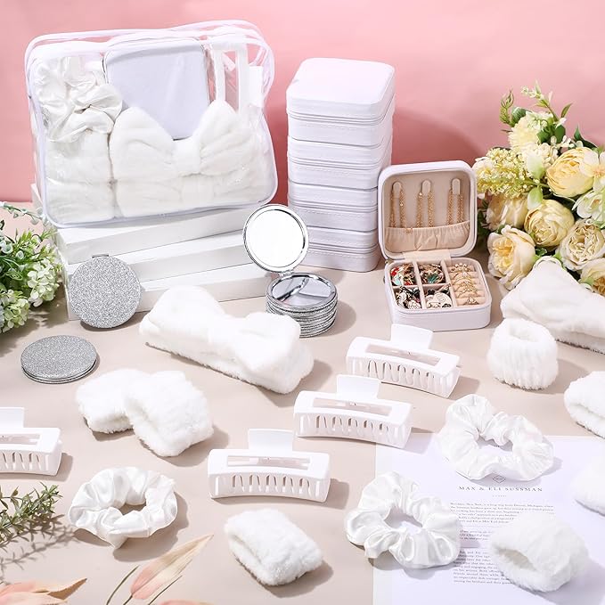 Spa Party Favors Pink Sleepover Party Supplies Bow Headband Wristband Scrunchies Hair Clip Jewelry Case Makeup Bag Mirror for Women Bridesmaid Return Gifts(White,48 Pcs)