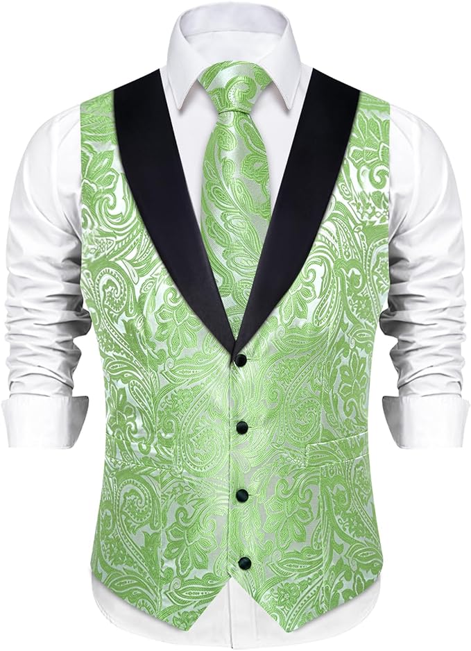 DiBanGu Mens Paisley Suit Vest Silk Jacquard Waistcoat and Necktie Set Formal Shawl Collar Dress Vest 7PCS for Wedding Party