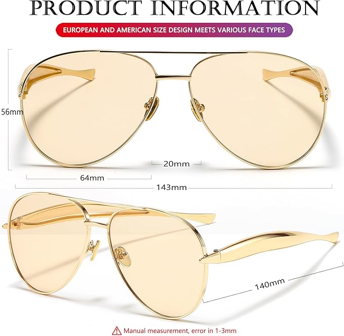 AIEYEZO Gold Aviator Sunglasses for Women Men Oversized Thick Frame Sun Glasses Fashion Retro Sardine Pilot Shades