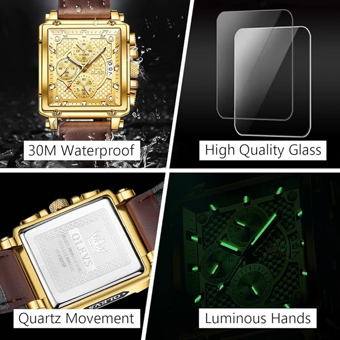 OLEVS Men's Casual Leather Watch, Big Face Chronograph Watch for Men, Fashion Easy to Read Dress Watch, Men's Waterproof Luminous Date Analog Watch, Gold/Black/White/Blue Dial