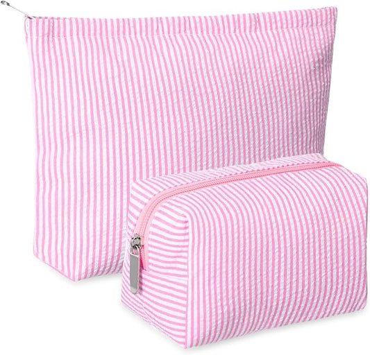 2 Pieces Makeup Bag Set Cute Cosmetic Pouch for Women Seersucker Travel Toiletry Bag Preppy Small Makeup Purse Pouch Aesthetic Skincare Brushes Storage Organizer for Christmas Women(Pink)