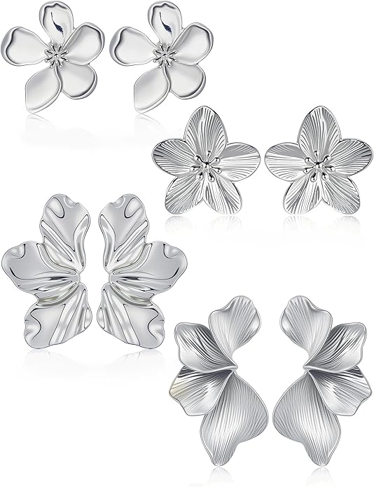 Gold Flower Statement Earrings for Women, 14K Gold Plated Large Irregular Leaf Floral, Big Chunky Dangle Earrings Set