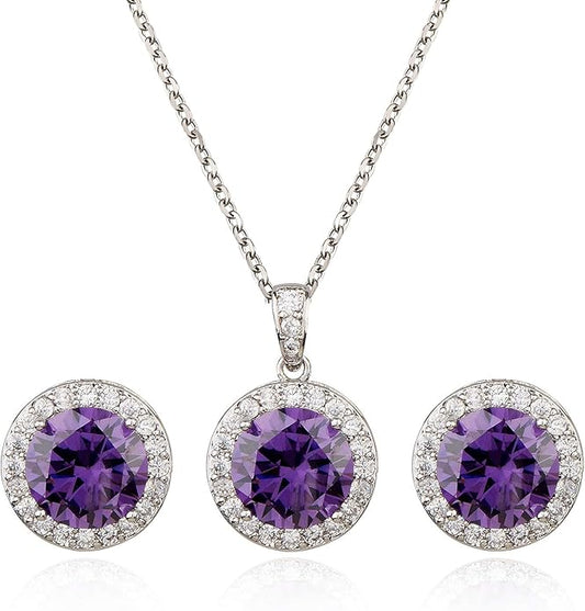 Bridal Crystal Jewelry Set - Sterling Silver Round Cubic Zirconia CZ Rhinestone Halo Birthstone Pendant Necklace Stud Earrings Set for Wedding Bride Bridesmaids Birthday Gift