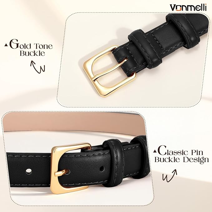 VONMELLI Womens Thin Leather Belt for Jeans Pants Dress Fashion Skinny Belt with Gold Buckle for Women