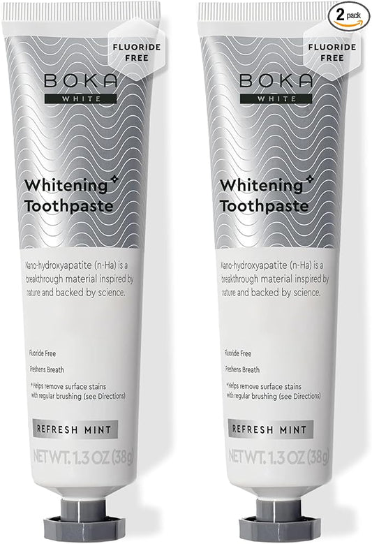 Boka Fluoride Free Toothpaste, Nano Hydroxyapatite Toothpaste, Appropriate for Sensitive Teeth, for Adult, Kids Oral Care - Whitening* Refresh Mint, 1.3 Fl Oz 2Pk US Manufactured